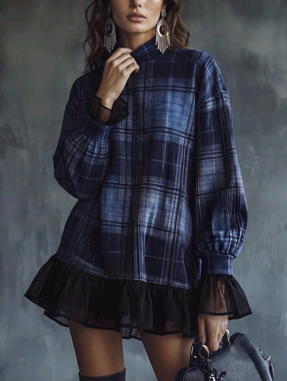 Women's Casual Mini Dress Plaid Dress Vintage Romantic - Picture 3 of 8